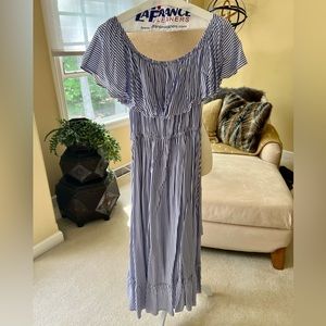 Worn once!  Aqua  size M blue/ white striped off shoulder midi dress.